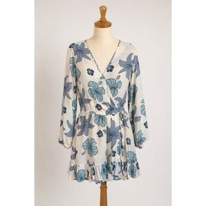 Ocean Drive Blue White Tropical Floral Wrap Dress Bell Sleeve Ruffle Hem M NWT